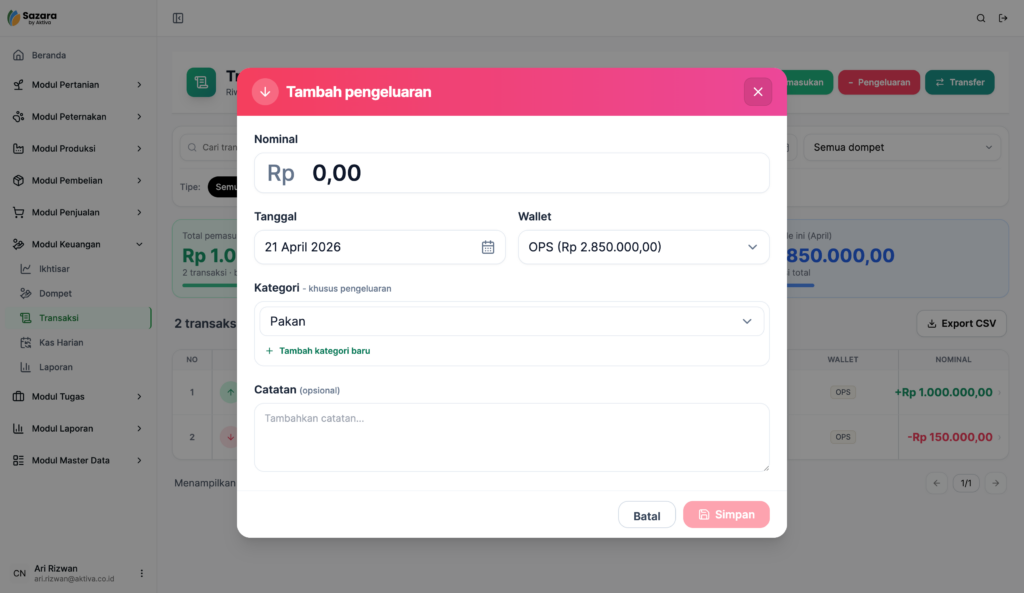 Tampilan Input Pengeluaran