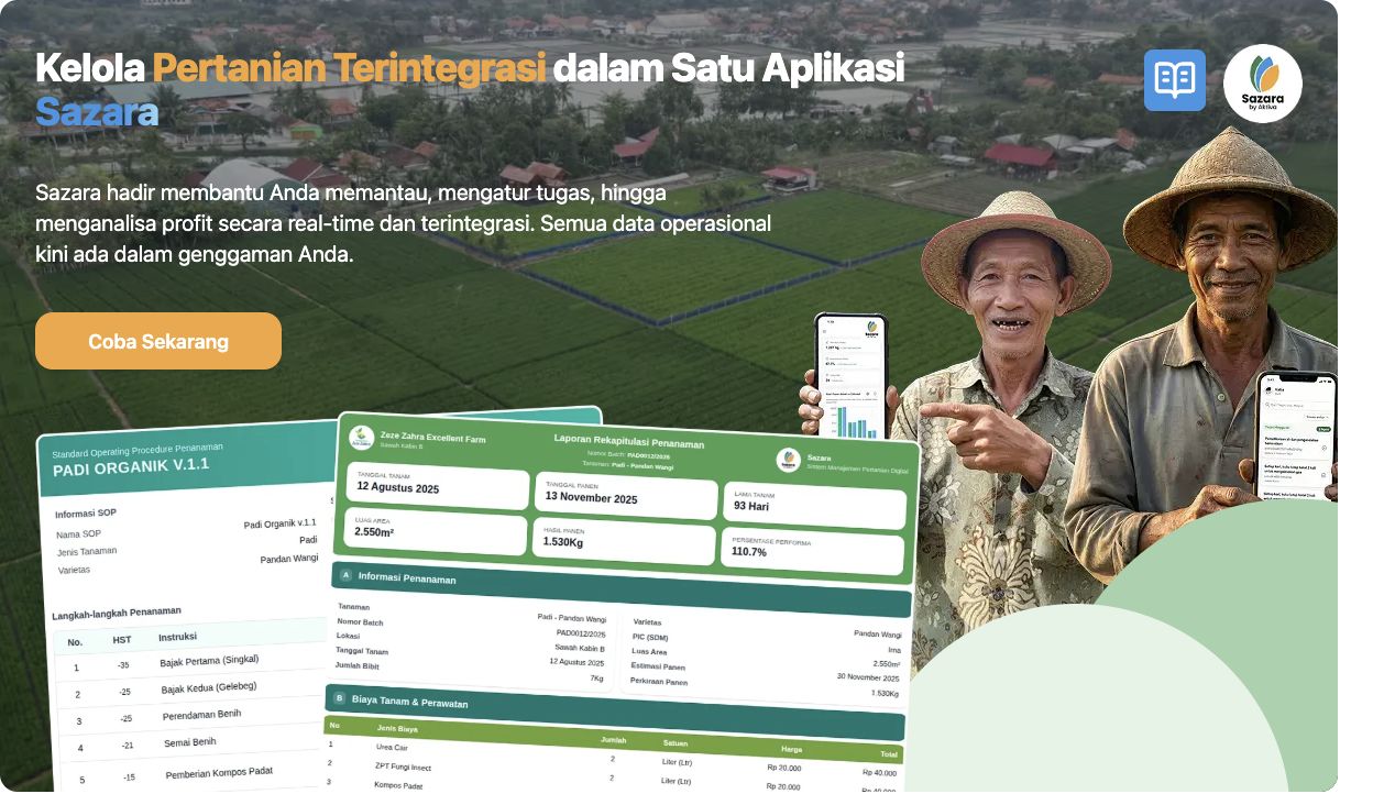 Banner Sazara dengan ilustrasi petani, panduan SOP, dan laporan penanaman